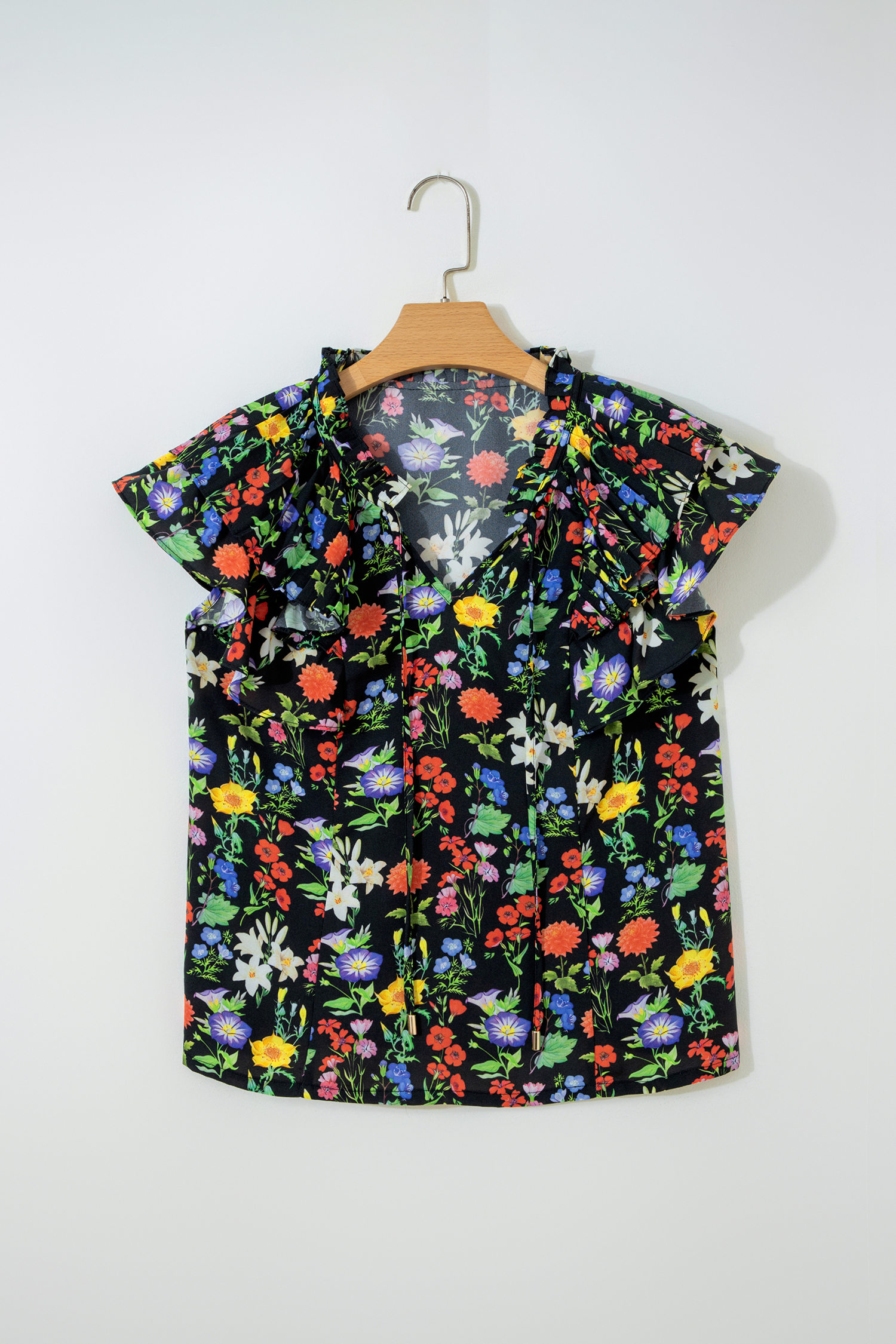 Black Tiered Flutter Sleeve V Neck Flower Blouse