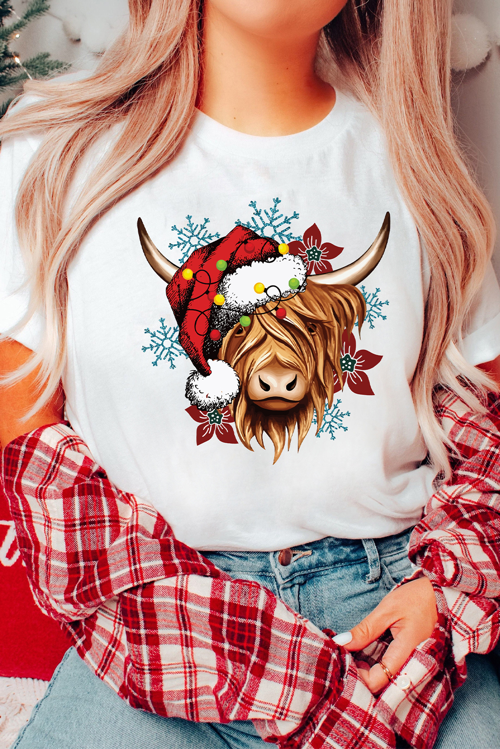 White Christmas Highland Ox Snowflake Print Womens T Shirt