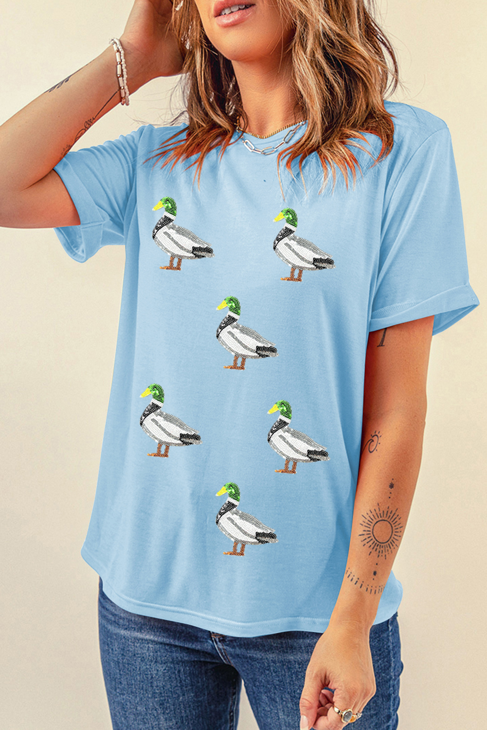 Light Blue Sequin Mallard Graphic Womens Casual Tee