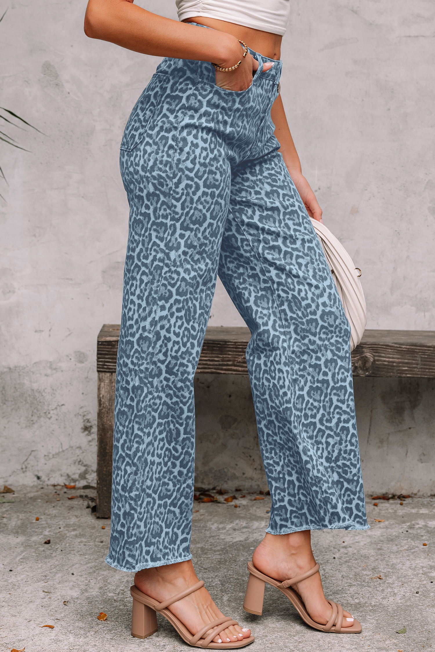 Rose Leopard Frayed Edge Wide Leg High Waist Jeans