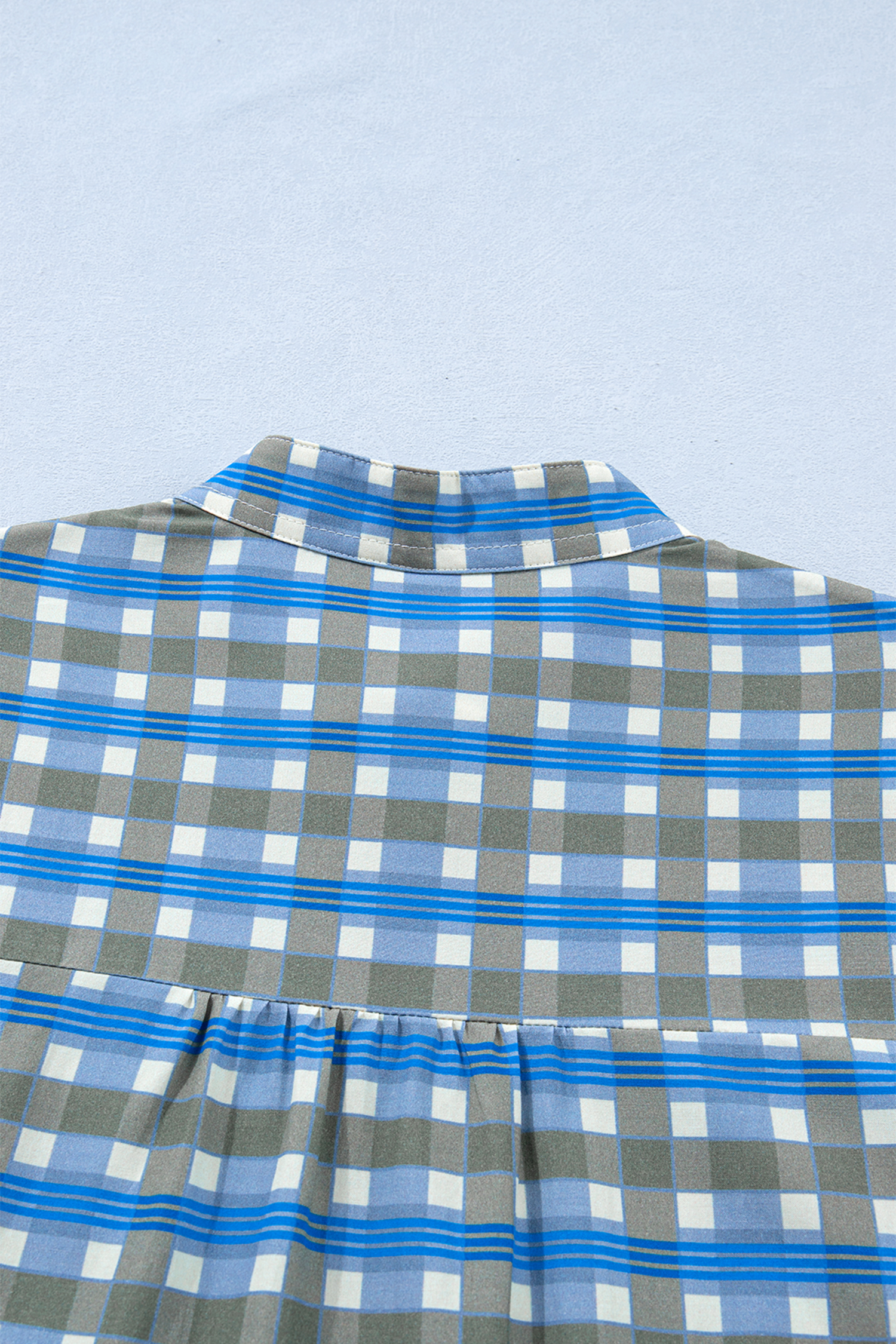 Sky Blue Plaid Long Sleeve Frilled Detail Half Button Blouse