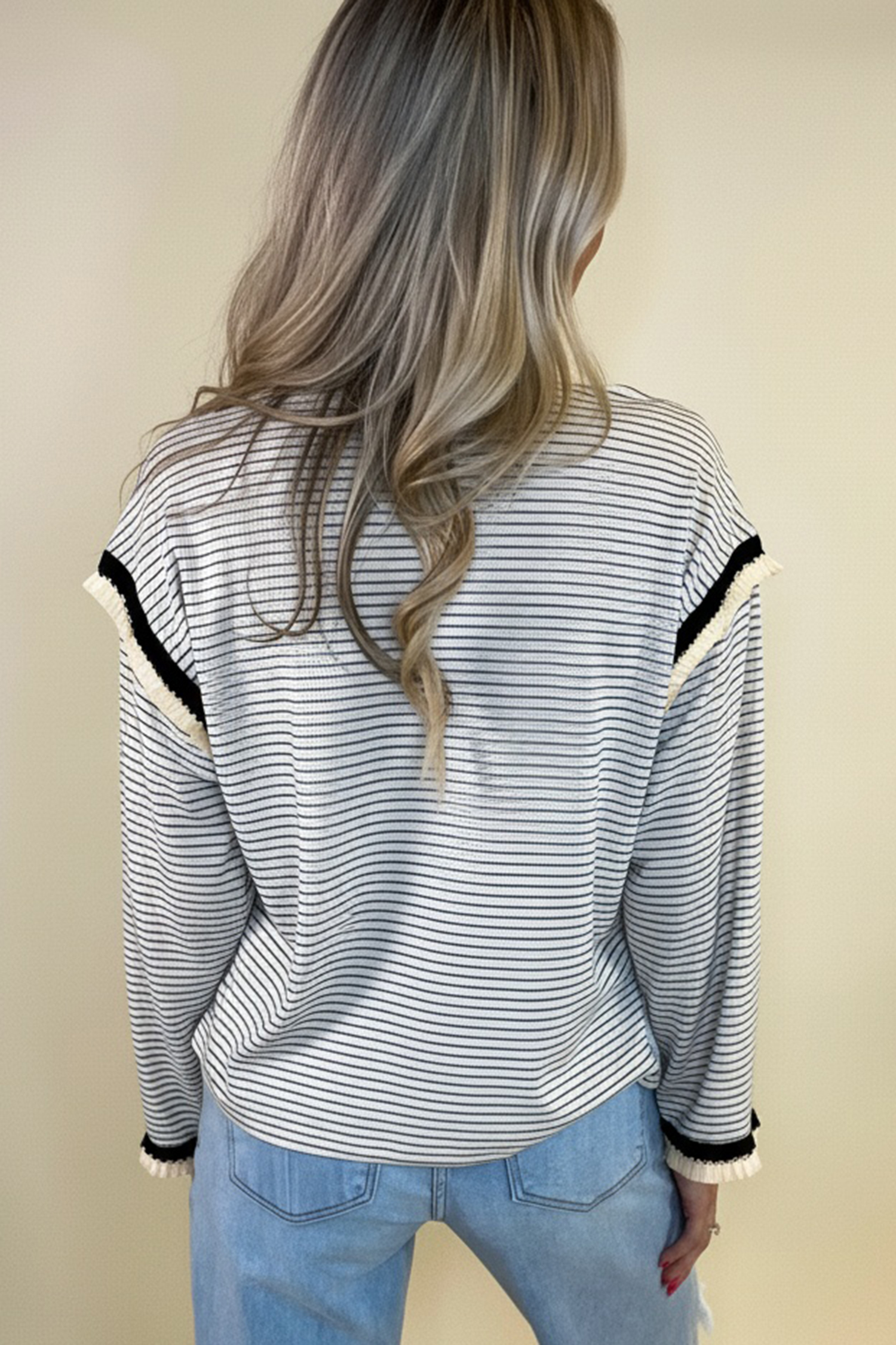 White Stripe Contrasted Ruffle Trim Loose Long Sleeve Top