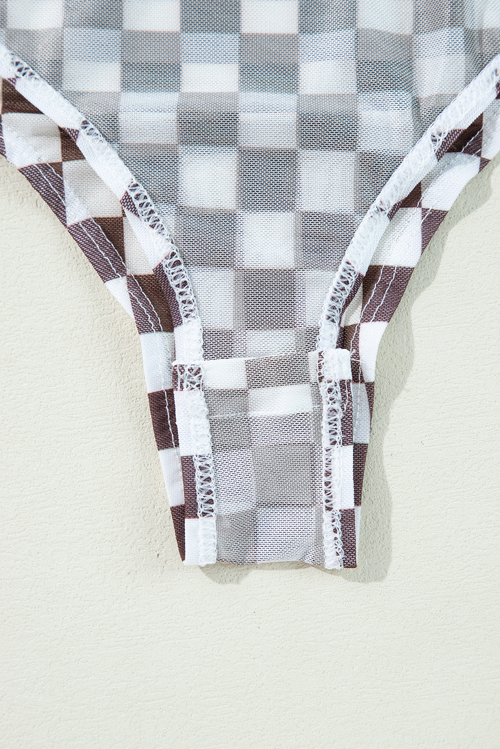 Khaki Checkered Pattern Mesh Mock Neck Long Sleeve Top