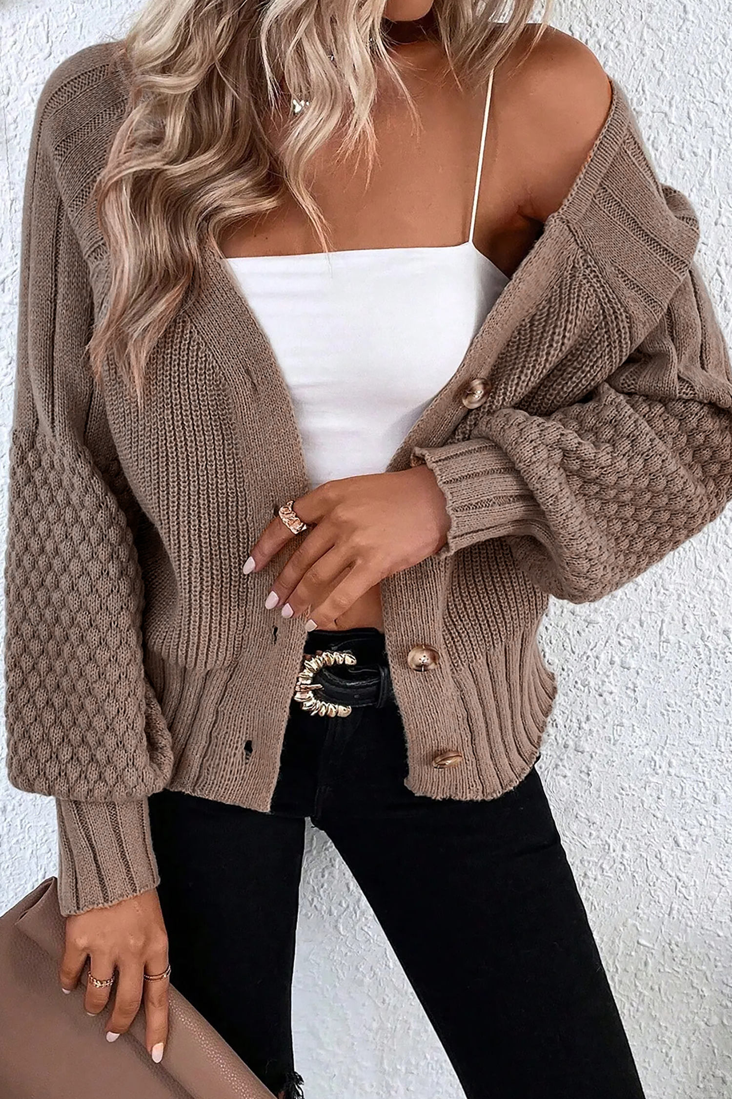 Light Pink Mixed Texture Knit Button V Neck Sweater Cardigan