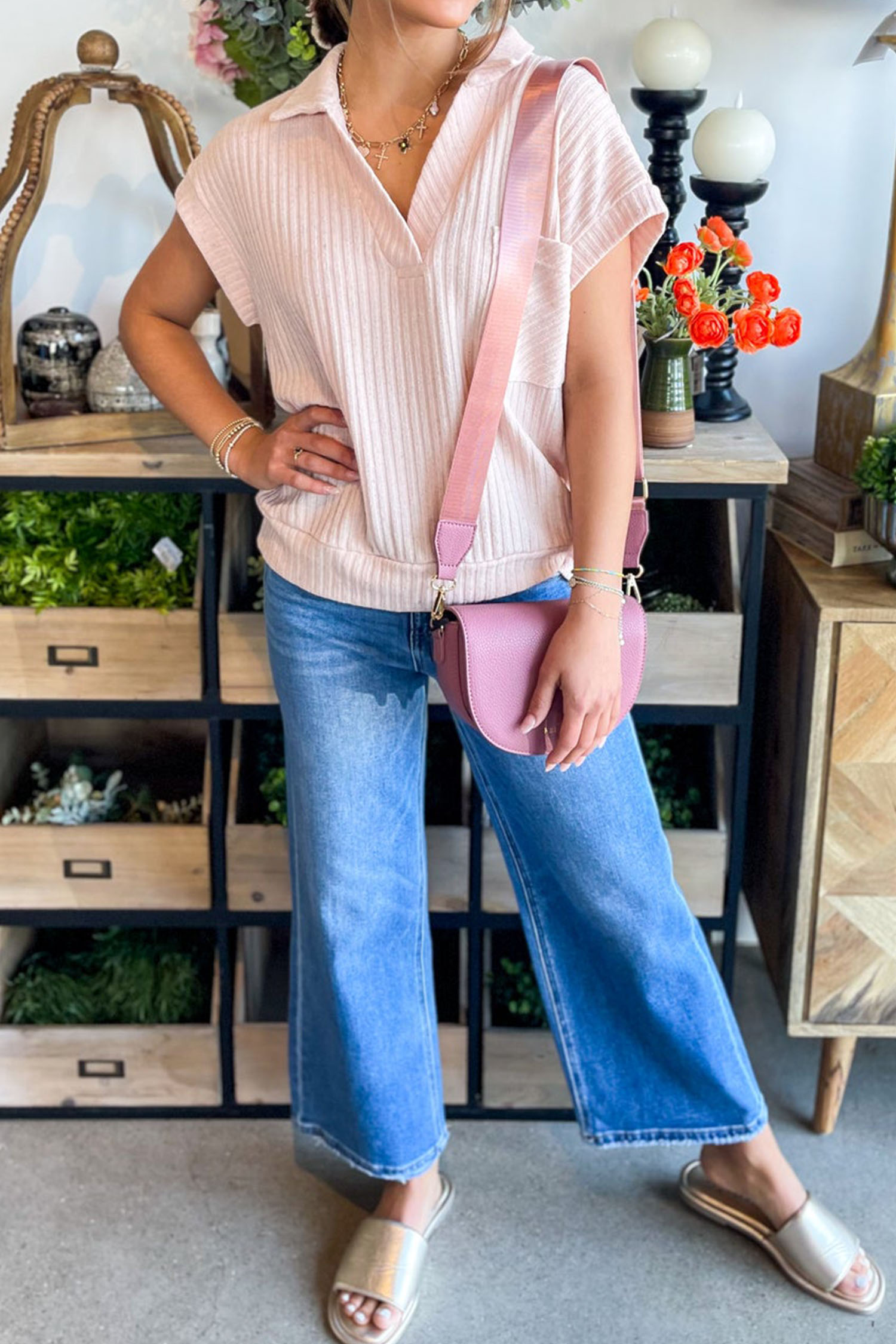 Light Pink Collared V Neck Ribbed Tee