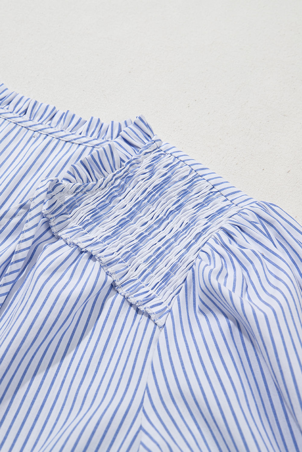 Gray Stripe Shirred Detail V Neck Puff Half Sleeve V Neck Blouse