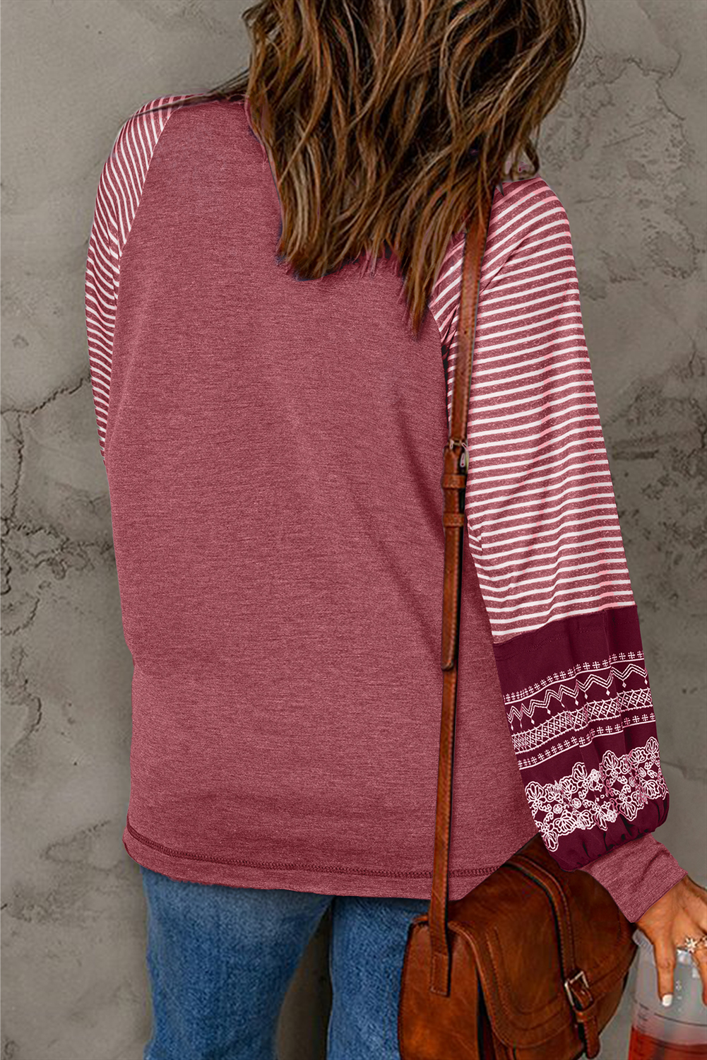 Tillandsia Purple Contrast Print Striped Raglan Long Sleeve Loose Top
