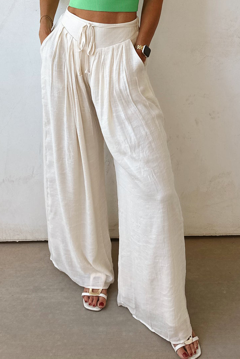 White Solid Drop Waist Pleated Wide Leg Casual Pants