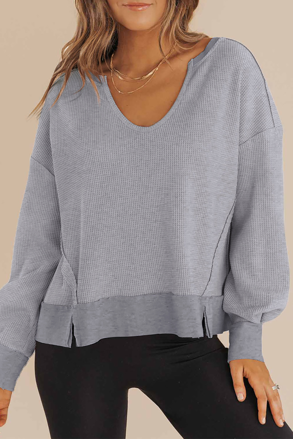 Dark Brown Waffle Knit Notched V Neck Drop Shoulder Solid Sweatshirt