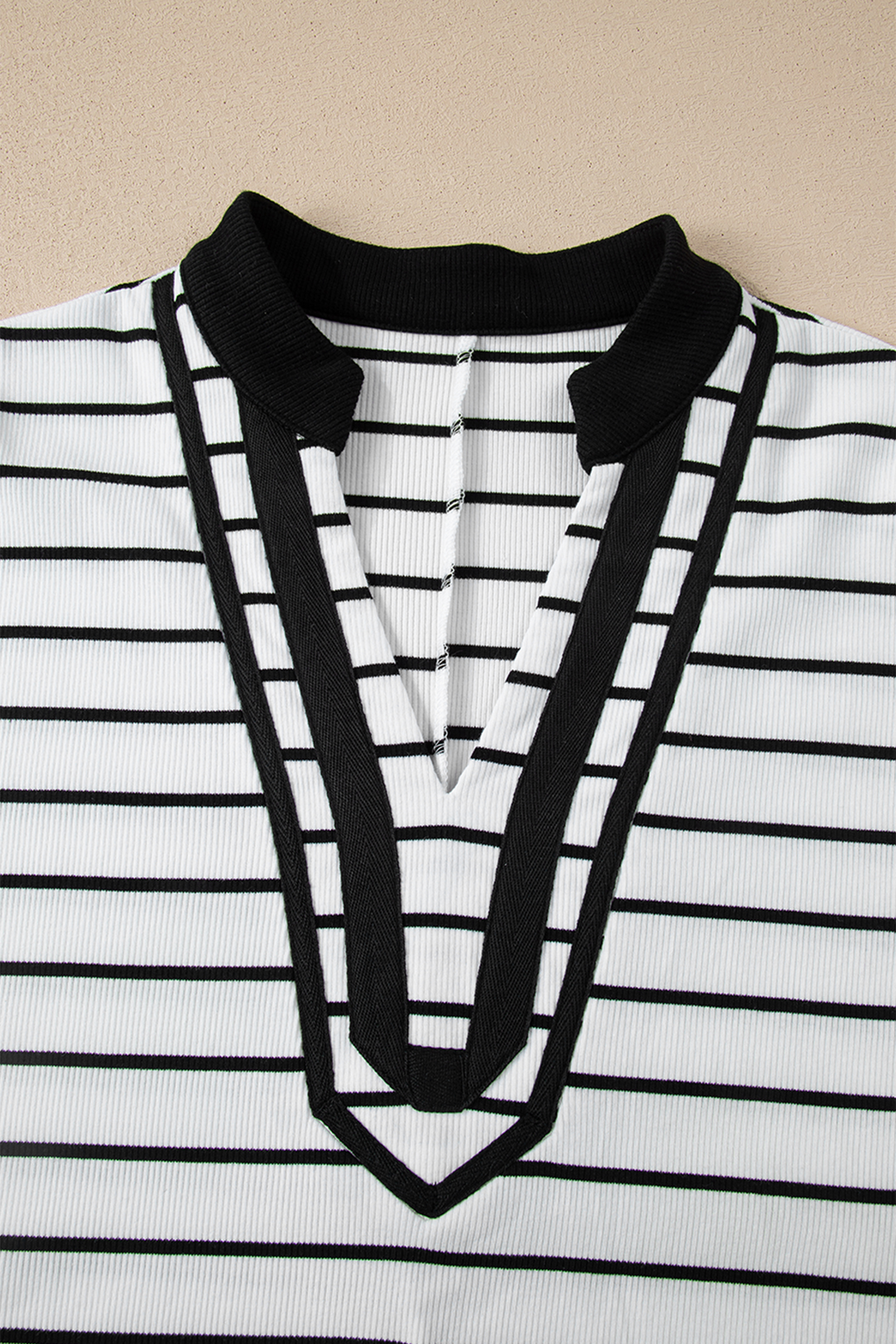 White Stripe Stand Collar V Neck Elastic Cuffs Half Sleeve Dolman Top