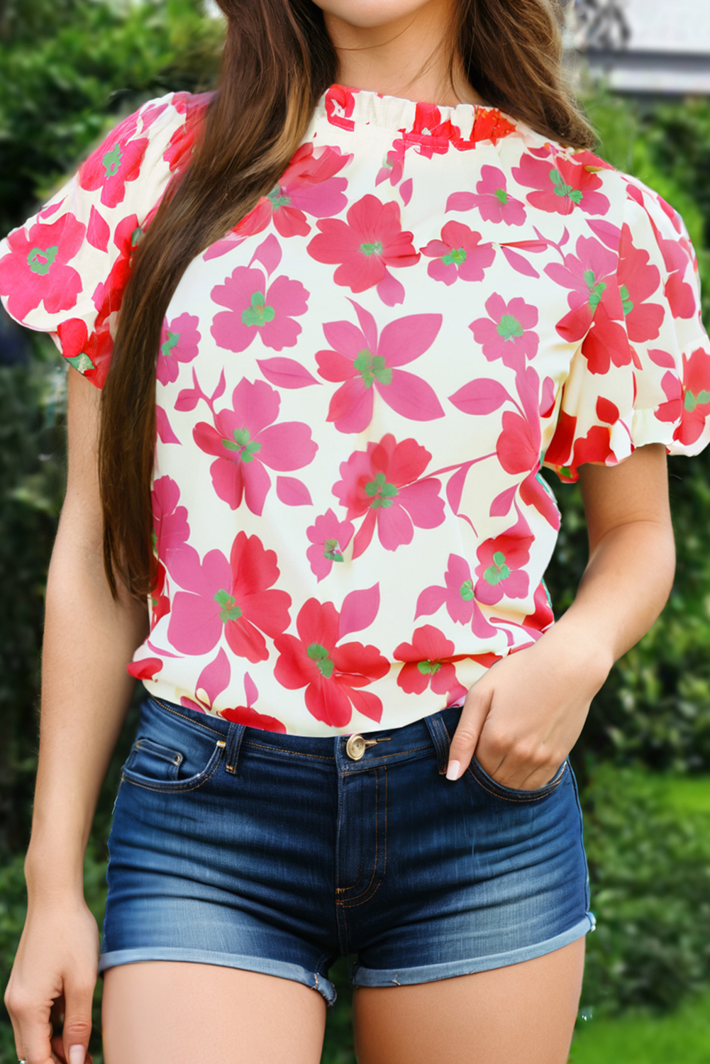 Pink Frilled Neck Short Puff Sleeve Floral Blouse