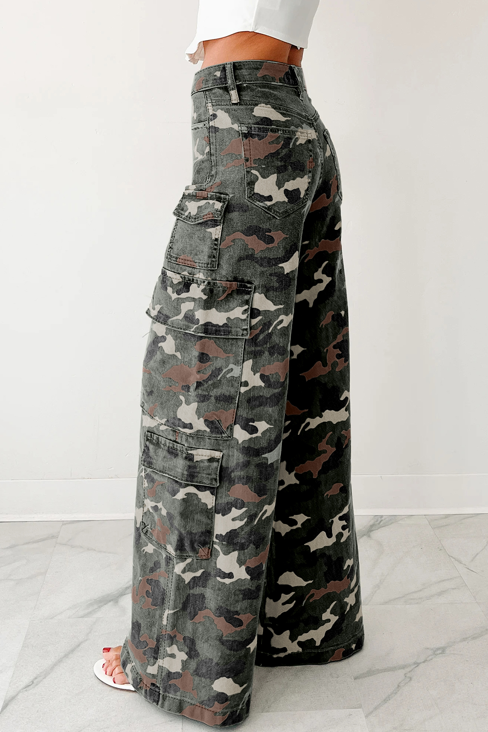 Green Camo Denim Cargo Wide Leg Pants