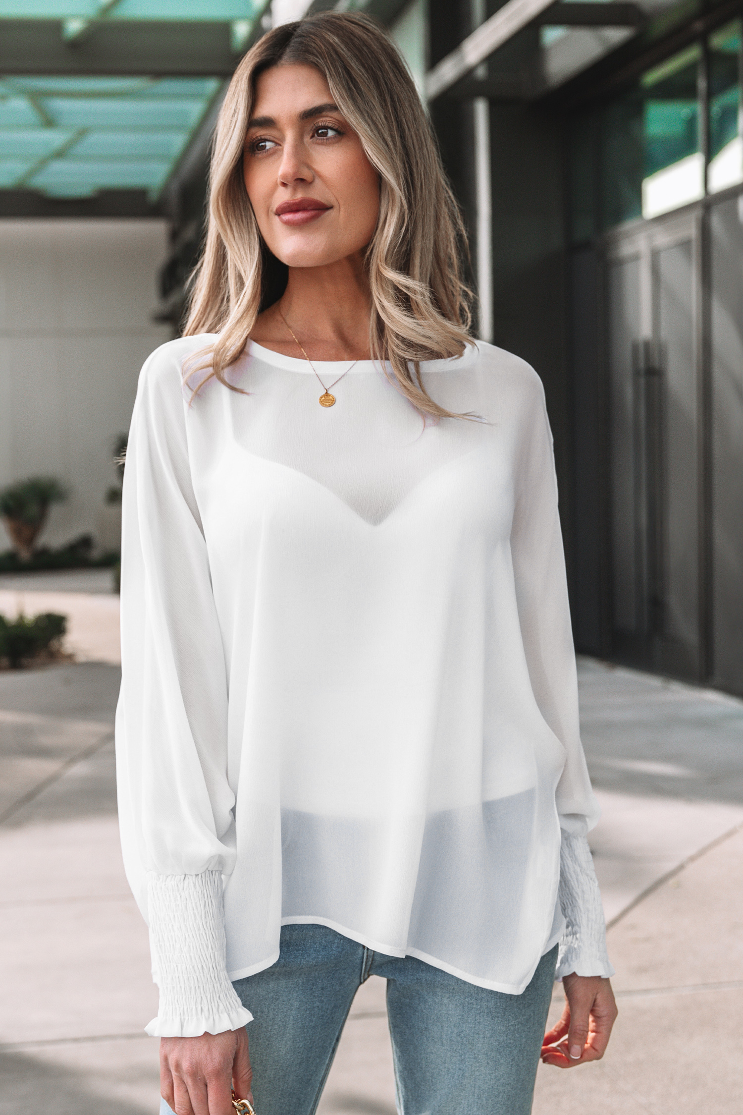 White Smocked Cuffs Semi Sheer Long Sleeve Dolman Blouse