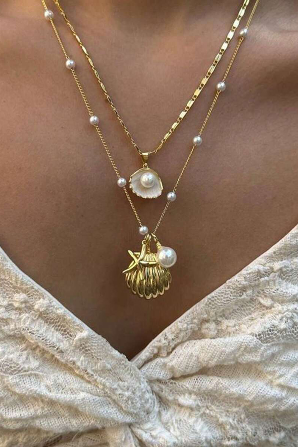 Gold Starfish Shell Pearl Dual Chain Necklace