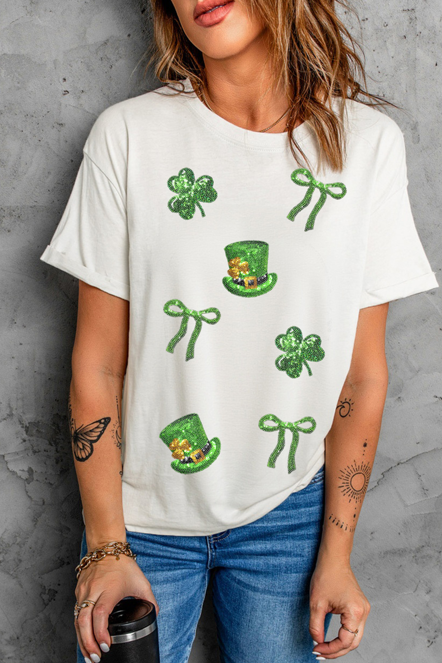 White Coquette St Patricks Day Sequin Graphic T Shirt