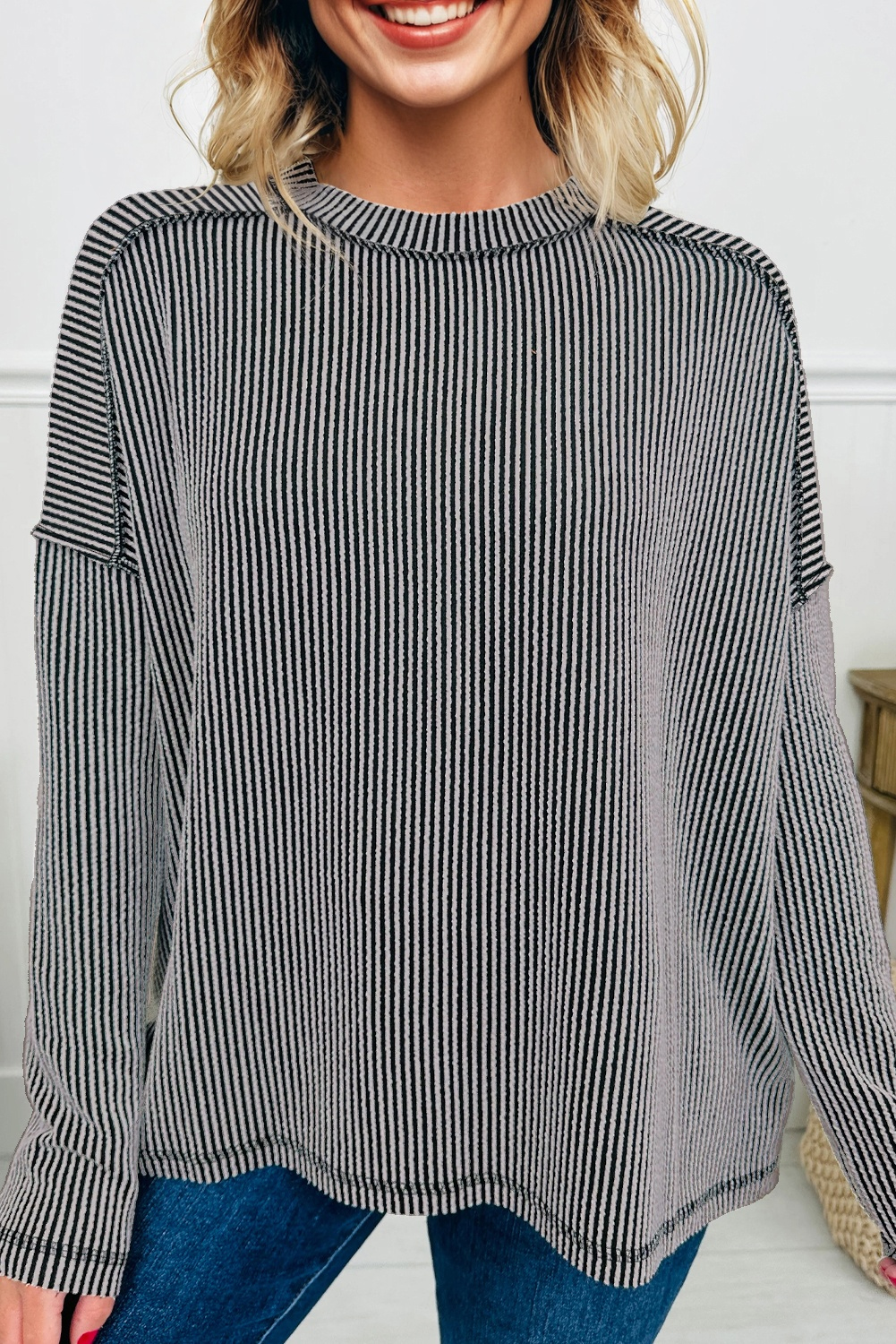 Dark Khaki Twist Ribbed Exposed Seam Detail Long Sleeve Loose Top