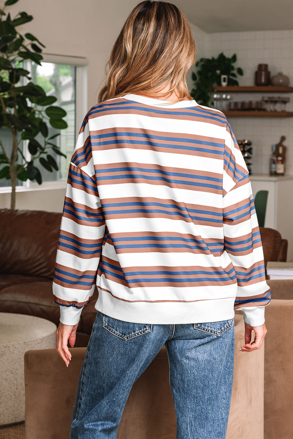 Khaki Stripe Crew Neck Drop Shoulder Pullover Sweatshirt