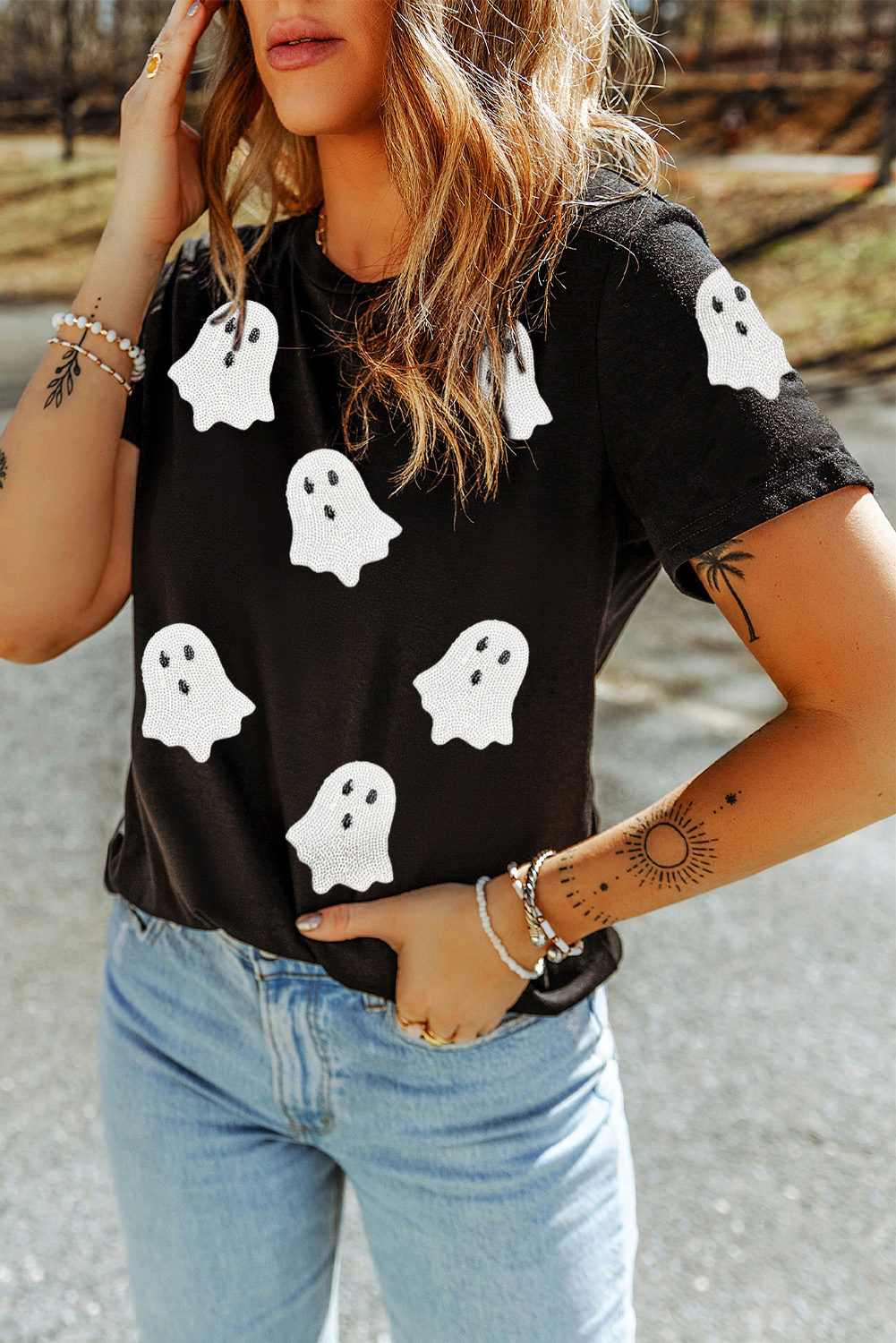 Wisteria Glitter Trim Chenille Ghost Patched Halloween Graphic Tee