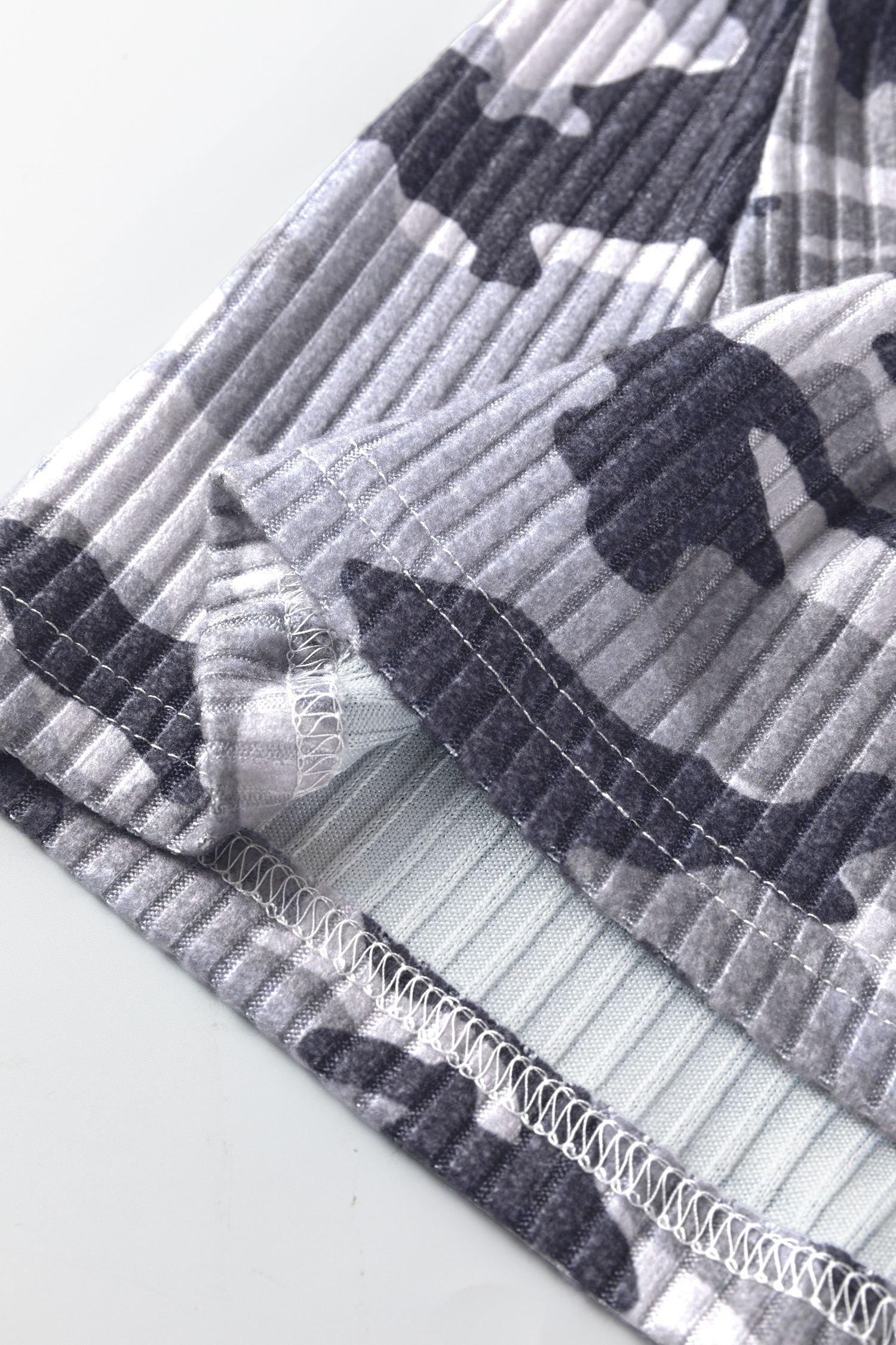 Gray Camouflage Print Ribbed Knit Round Neck Tank Top