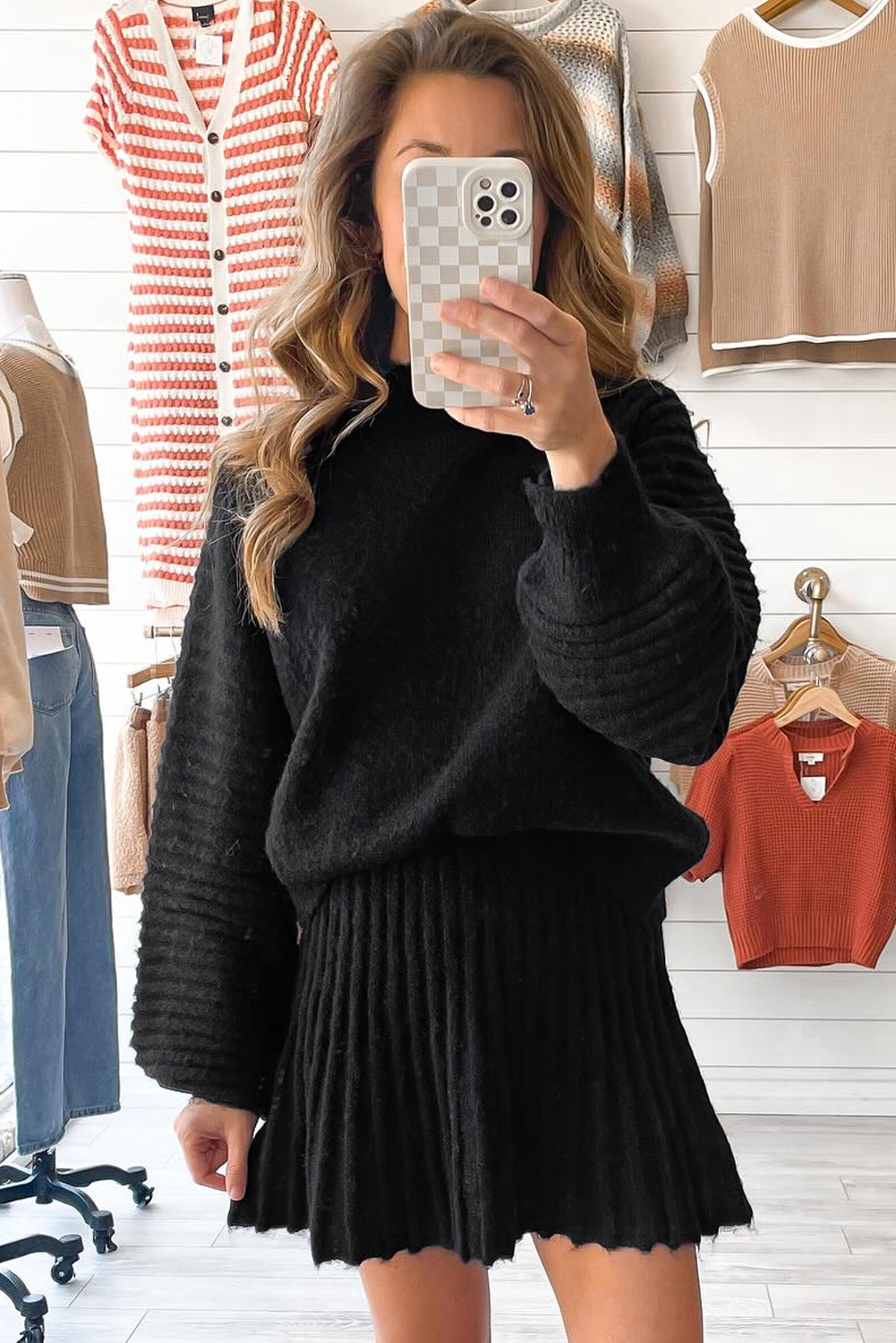 Smoke Gray High Neck Puff Sleeve Sweater Pleated Mini Skirt 2pcs Knitted Outfit