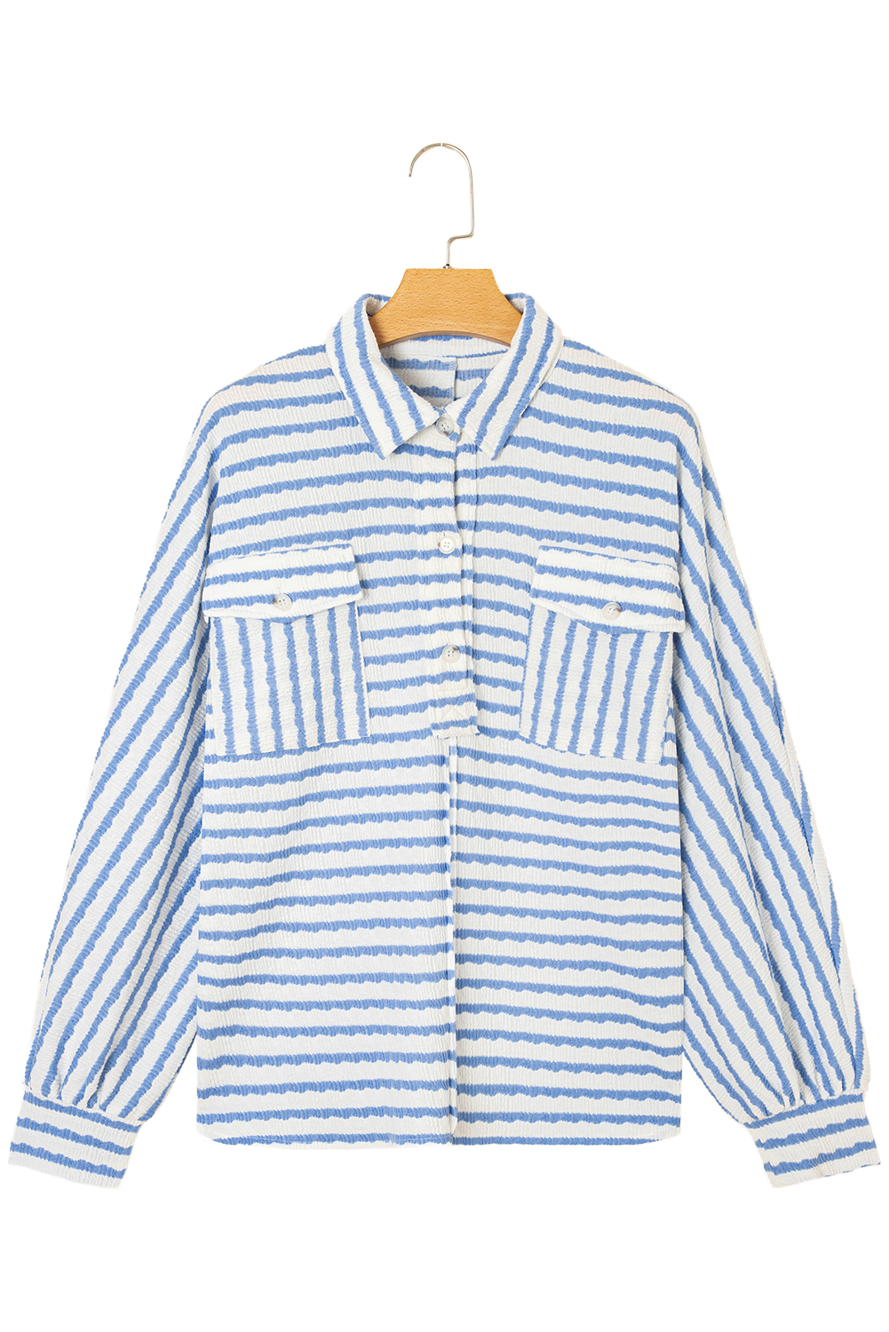 Sky Blue Stripe Half Button Collared Chest Pockets Loose Fit Blouse