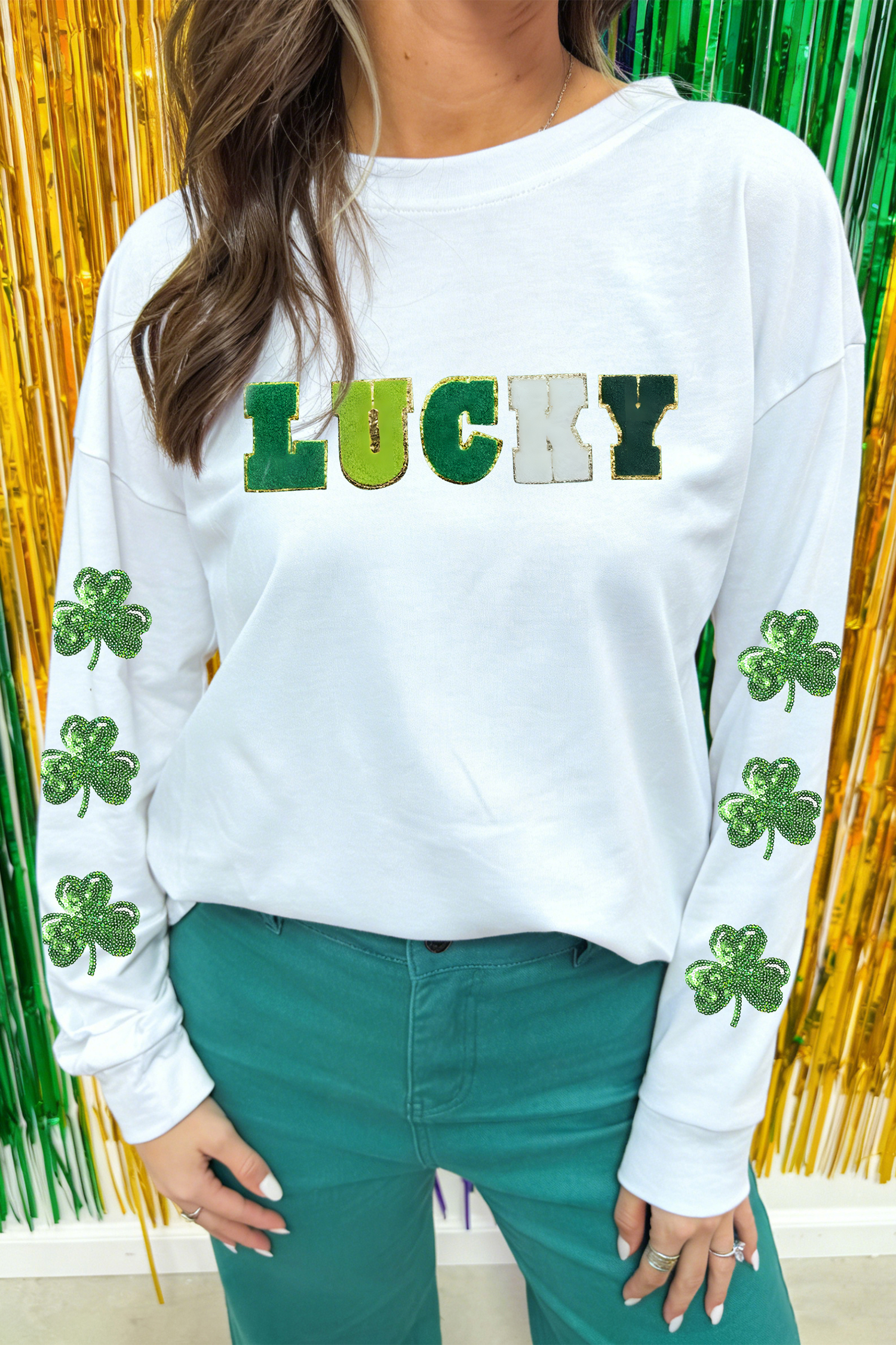 White LUCKY Clover Embroidered Long Sleeve Top