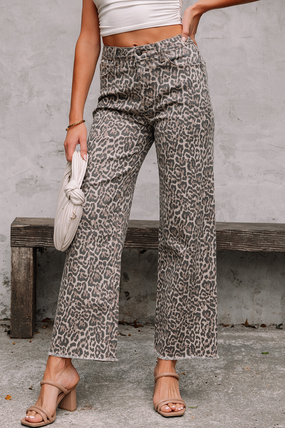 Rose Leopard Frayed Edge Wide Leg High Waist Jeans