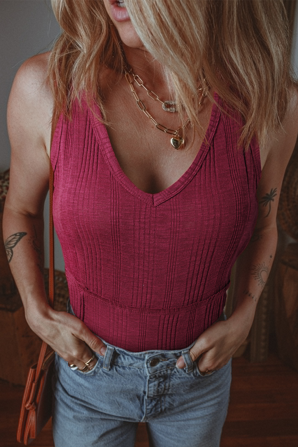 Red Dahlia Ribbed Textured Exposed Stitching Knit Tank Top