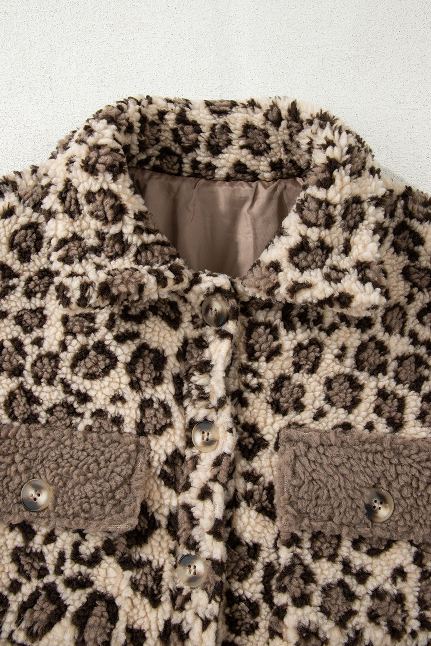 Brown Sherpa Leopard Print Flap Pocket Collared Button Up Jacket