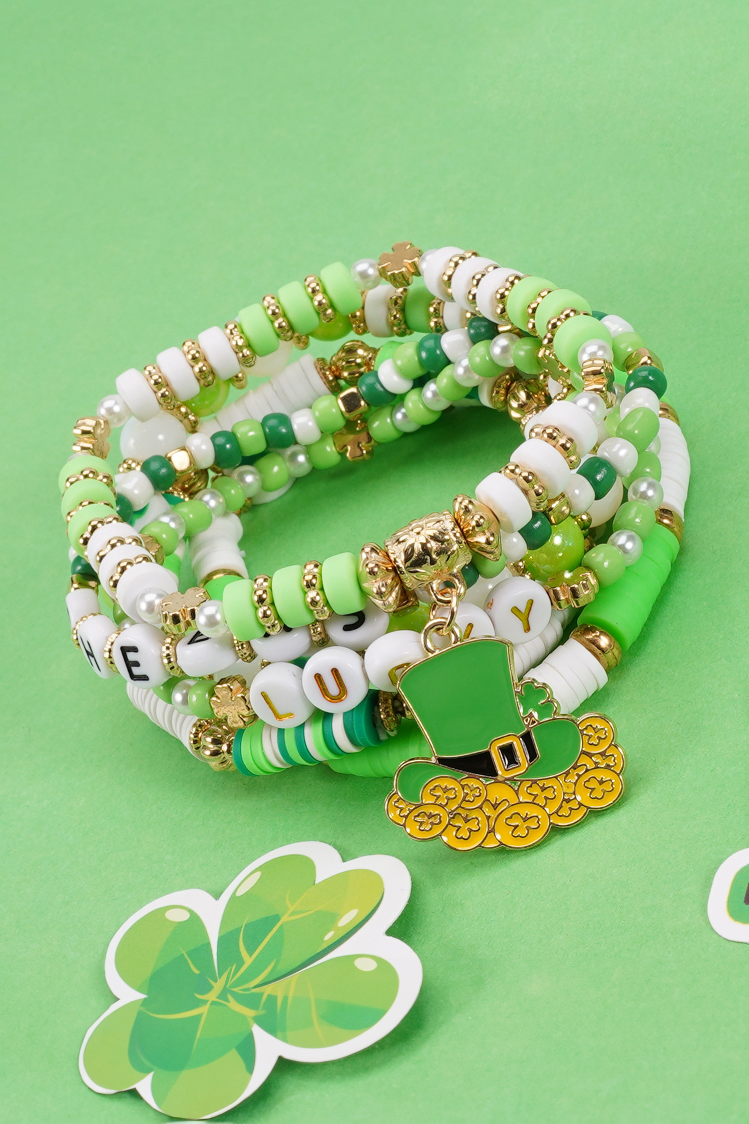 Green LUCKY CHEERS St Patricks Day Multilayered 6pcs Bracelet Set