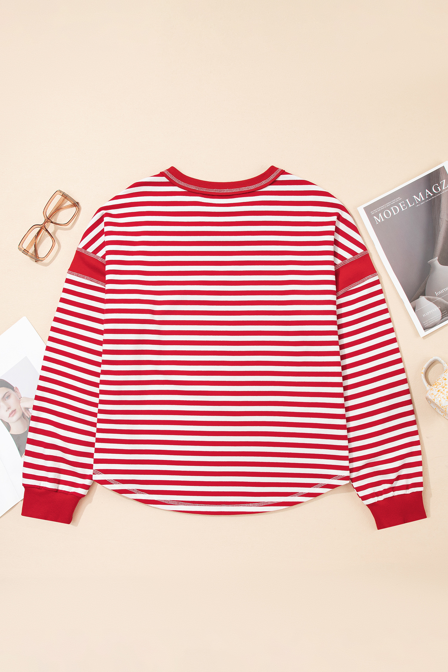 Red Stripe Exposed Seam V Neck Balloon Sleeve Pullover