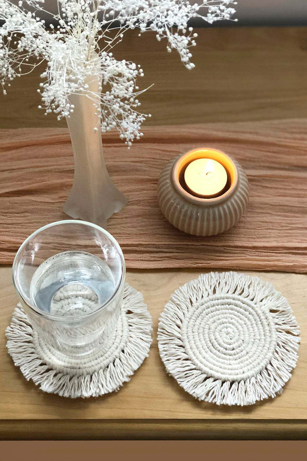 Beige Boho Tassel Macrame Coaster 15cm