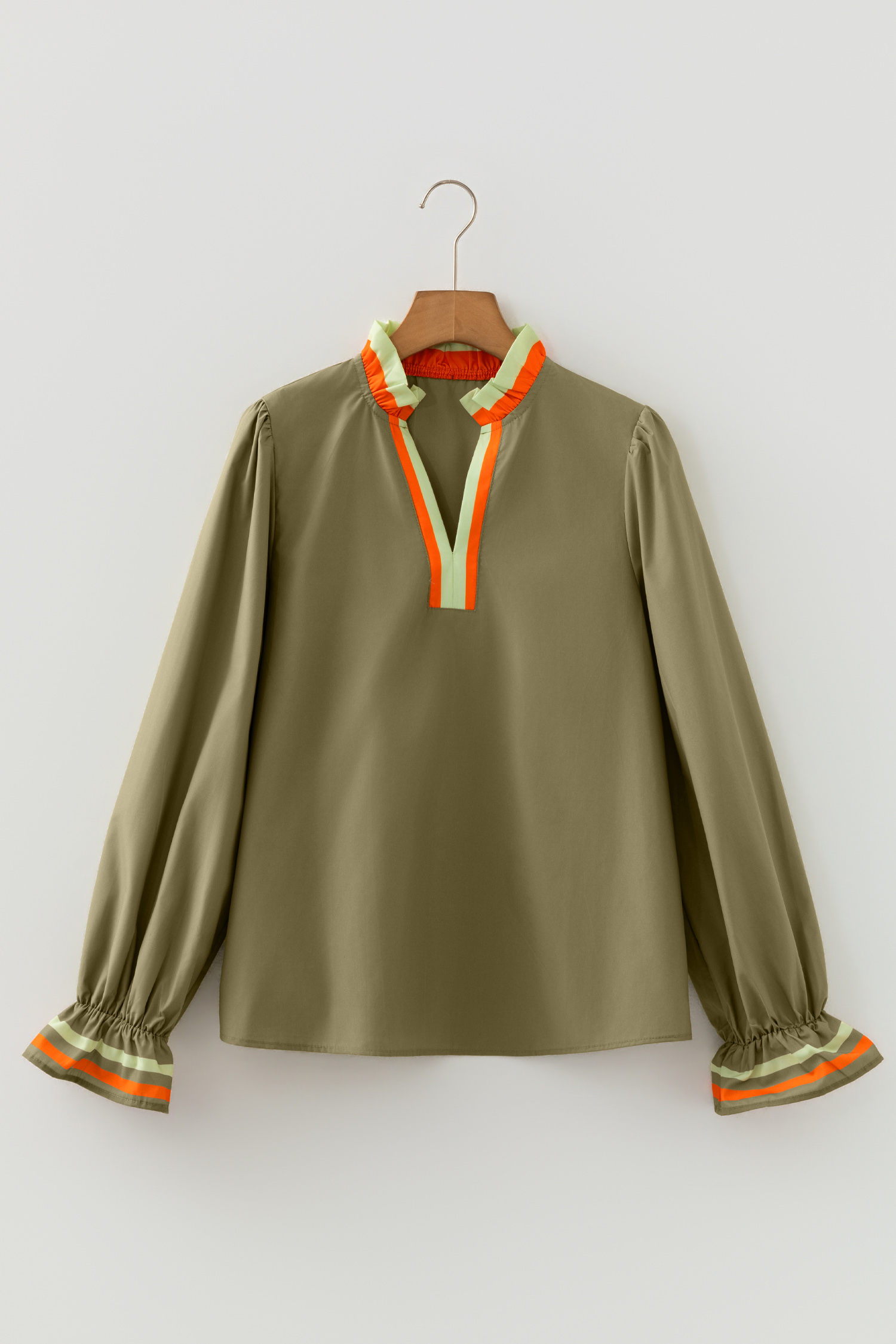 Four Leaf Clover Striped Trim Ruffle Split Neck Long Sleeve Blouse