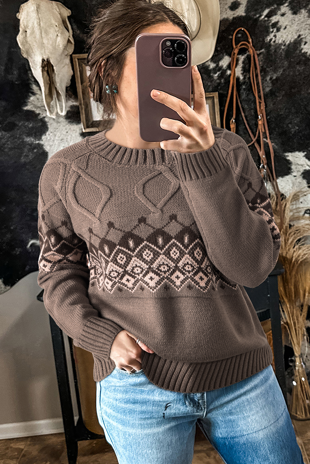 Light French Beige Western Geometric Patterned Crew Neck Knitted Sweater