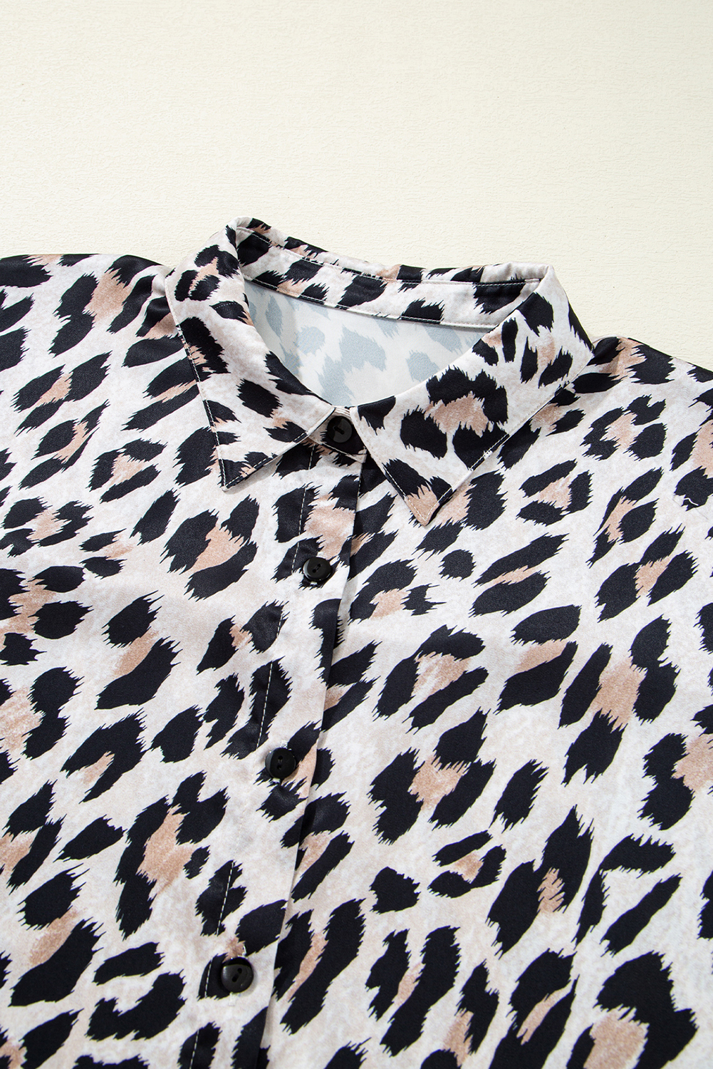 Beige Leopard Print Buttoned 3/4 Sleeve Loose Fit Shirt