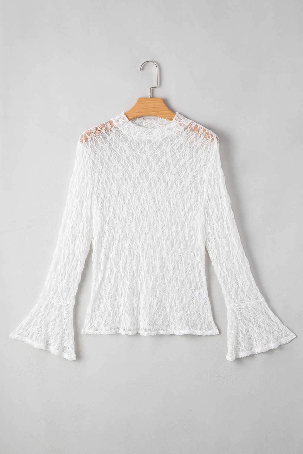 White Sheer Lace Bell Sleeve Mock Neck Blouse