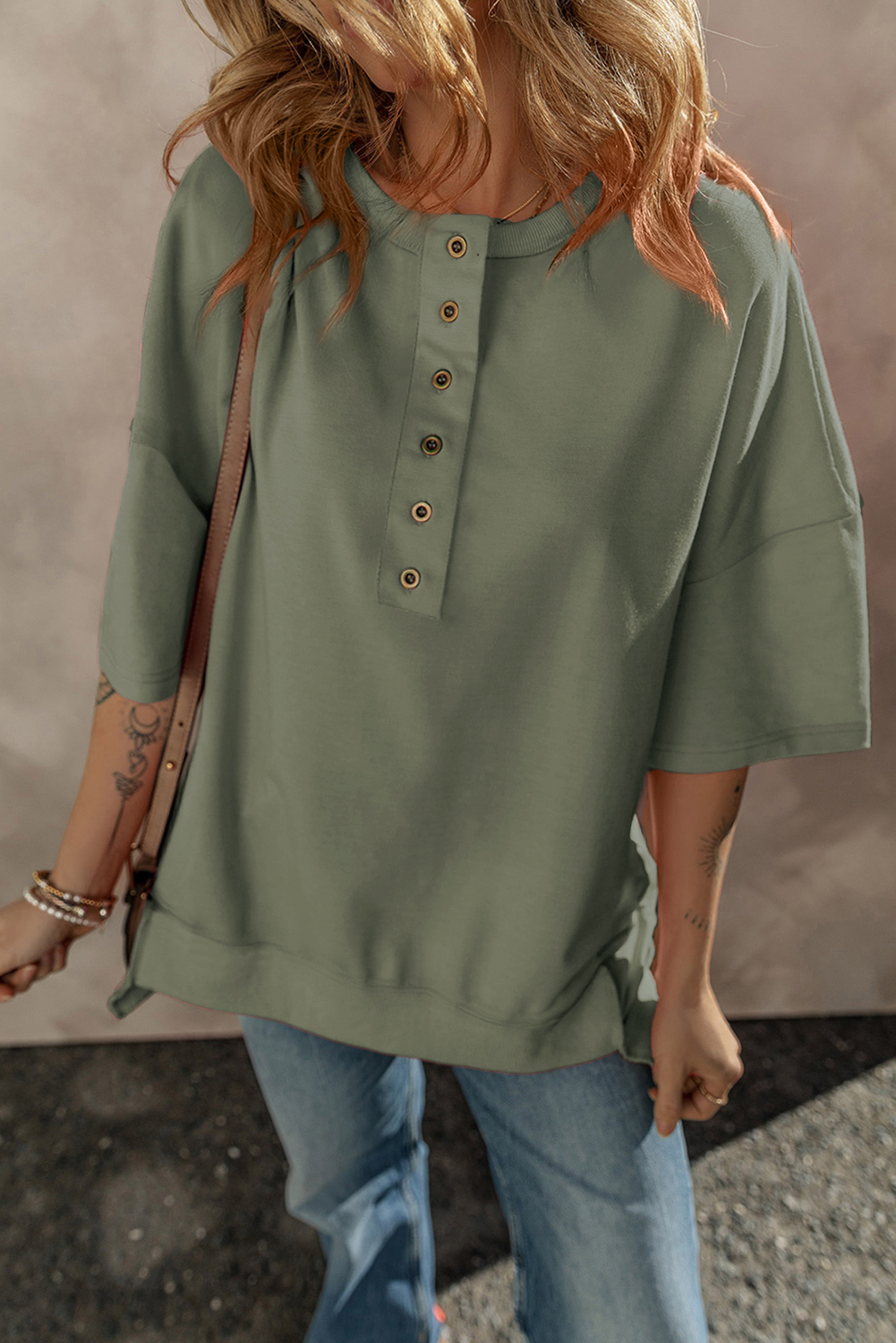 Jungle Green Exposed Seam Button Neck Wide Sleeve Tunic Top