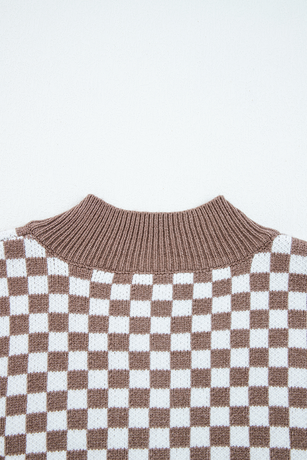Dark Brown Half Button Ribbed Trim Checkerboard Knit Sweater