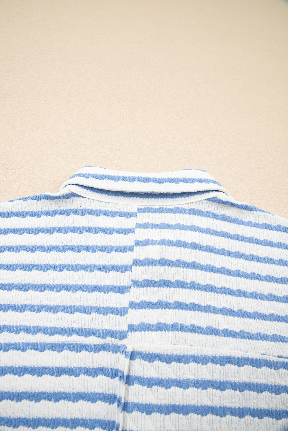 Sky Blue Stripe Half Button Collared Chest Pockets Loose Fit Blouse