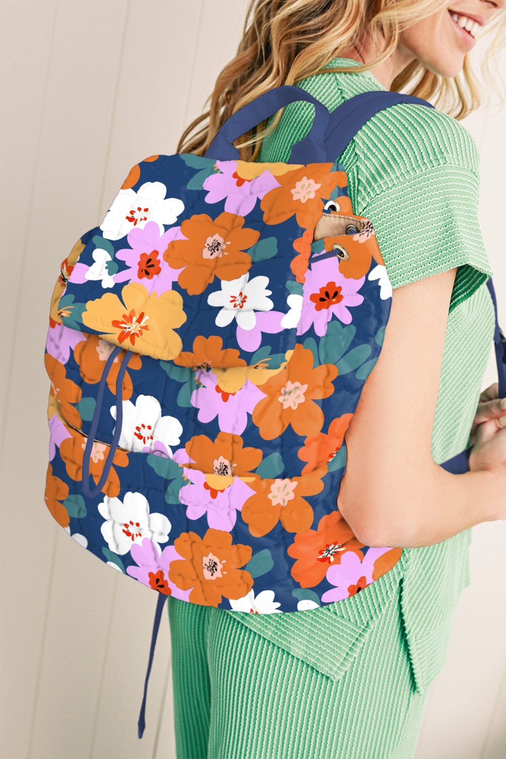 Sail Blue Flower Print Quilted Large Backpack