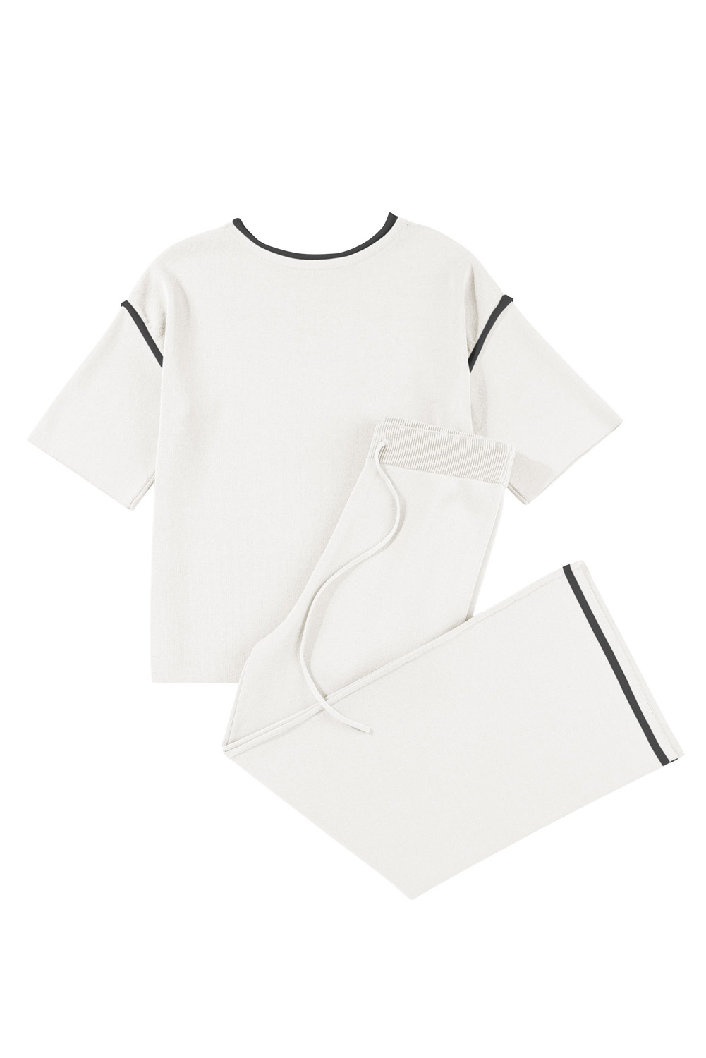 Blackish Green Contrast Trim Half Sleeve Top Drawstring Pants Loose 2pcs Sweater Suit