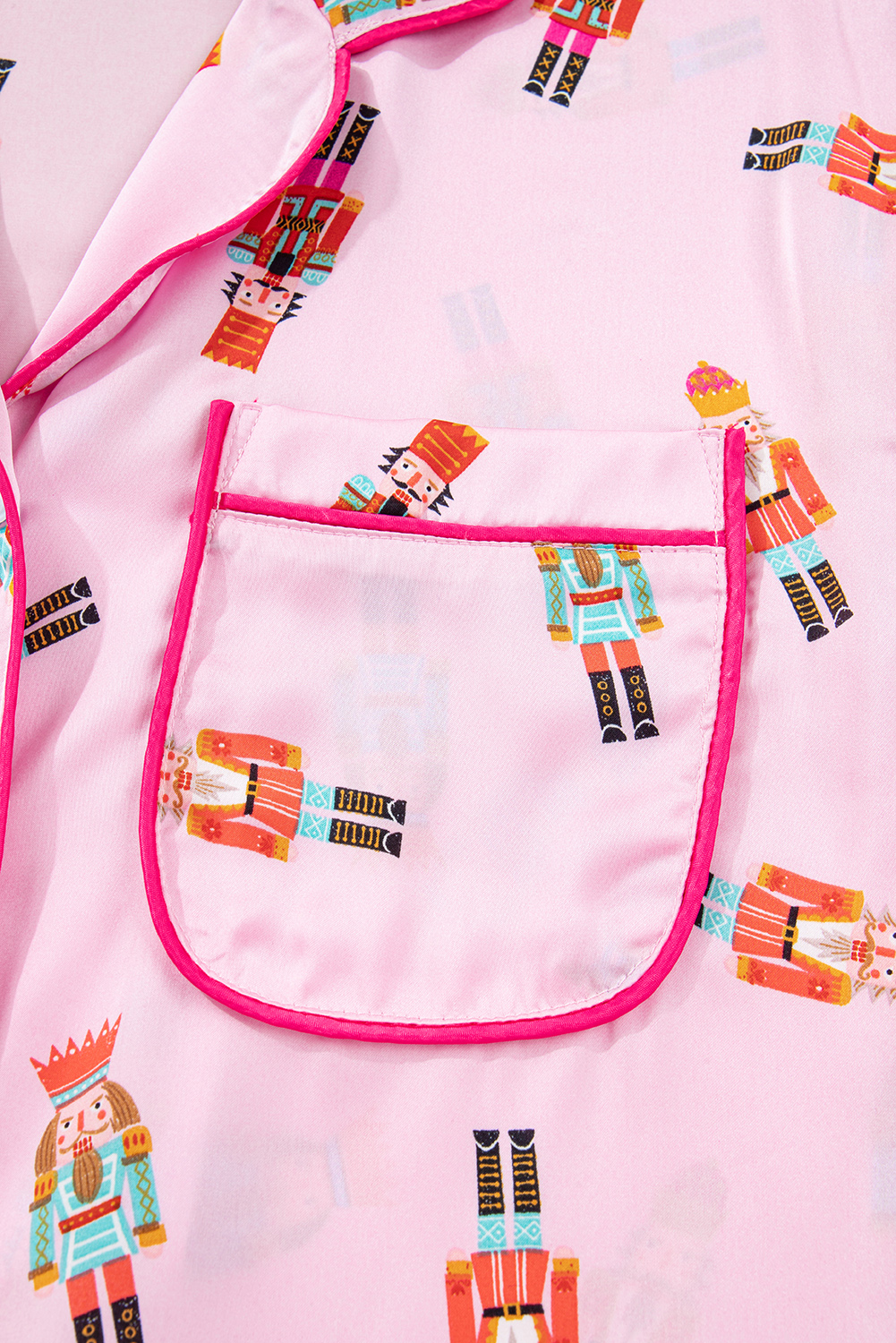 Pink Nutcracker Print Contrast Trim Tied up Bow Silky 2pcs Pajama Set