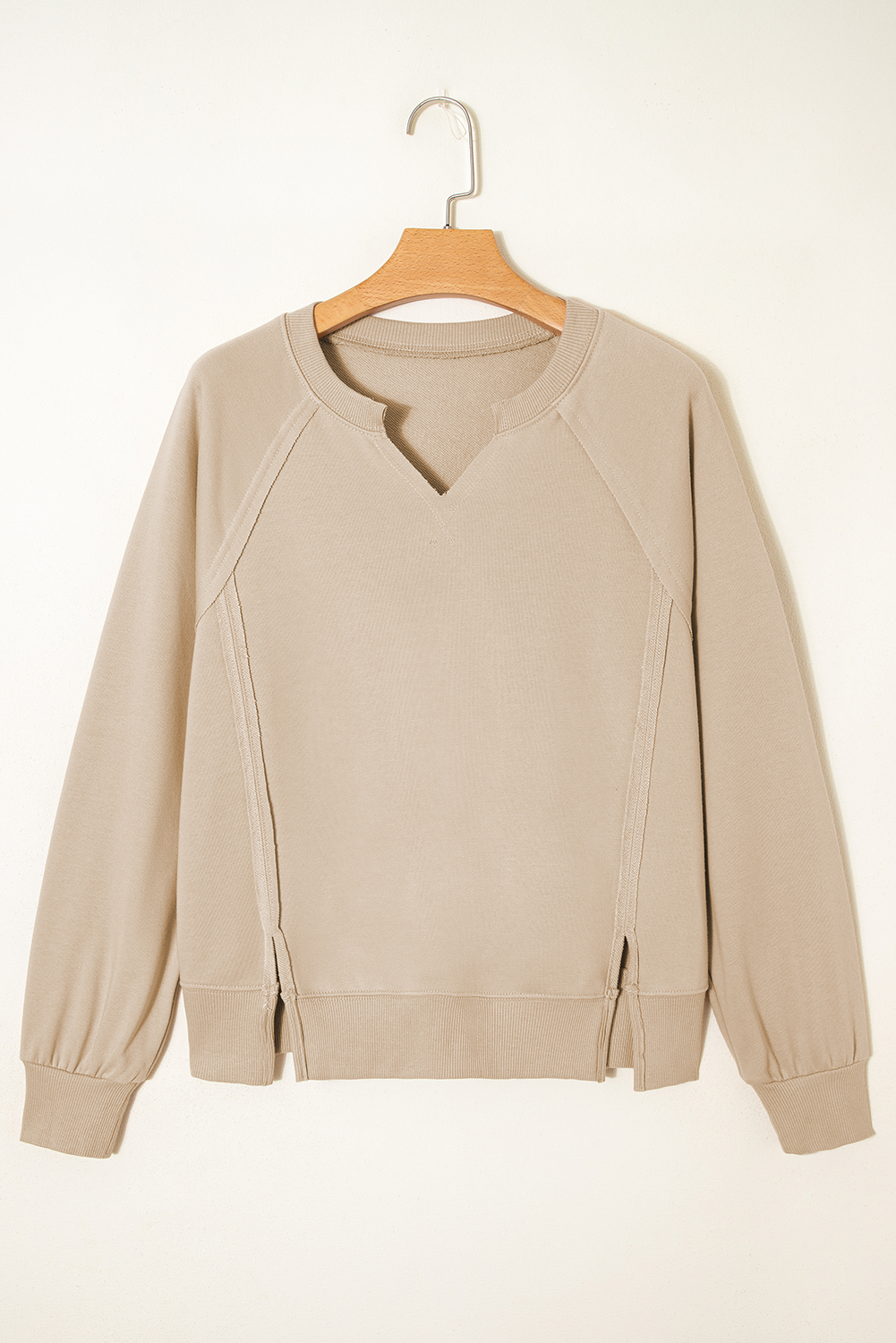 Parchment Raw Edge Exposed Seam Raglan Sleeve Side Slit Sweatshirt