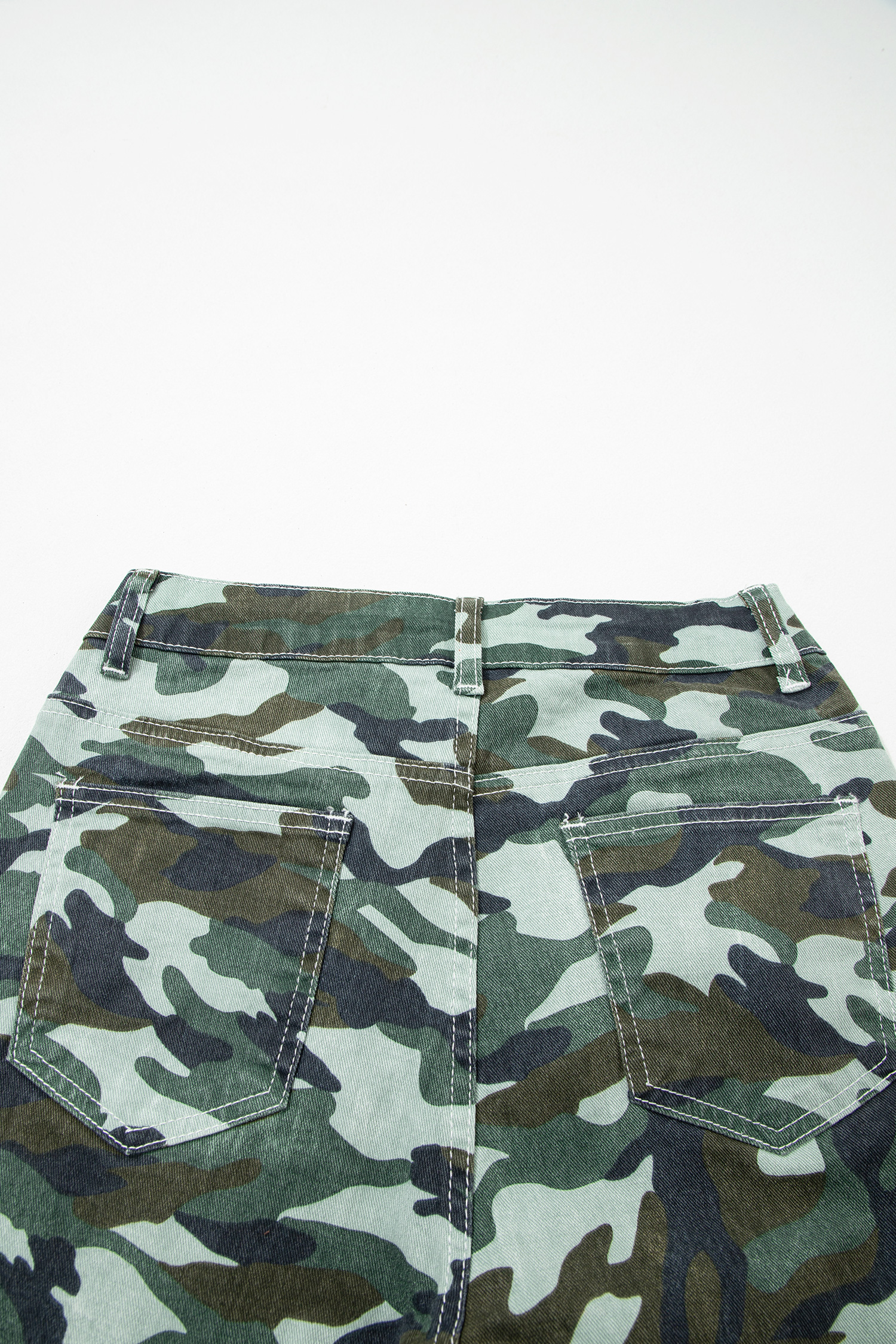 Green Camouflage Print Wide Leg Drawstring Denim Pants