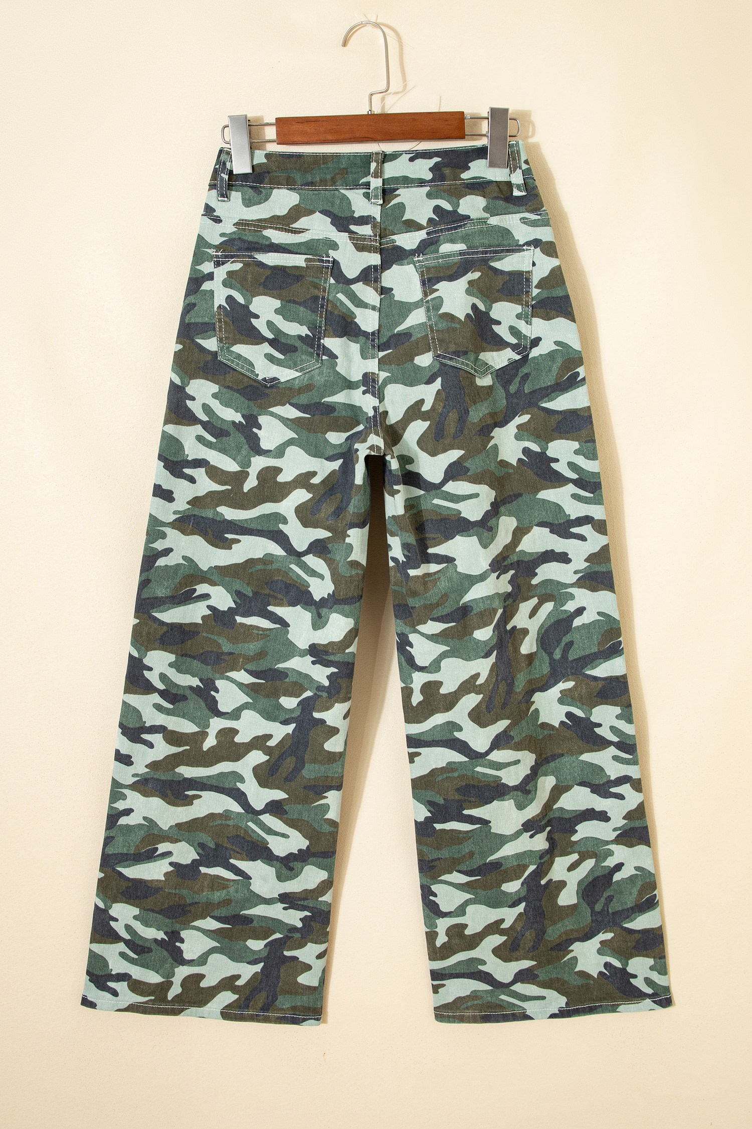 Green Camouflage Print Wide Leg Drawstring Denim Pants