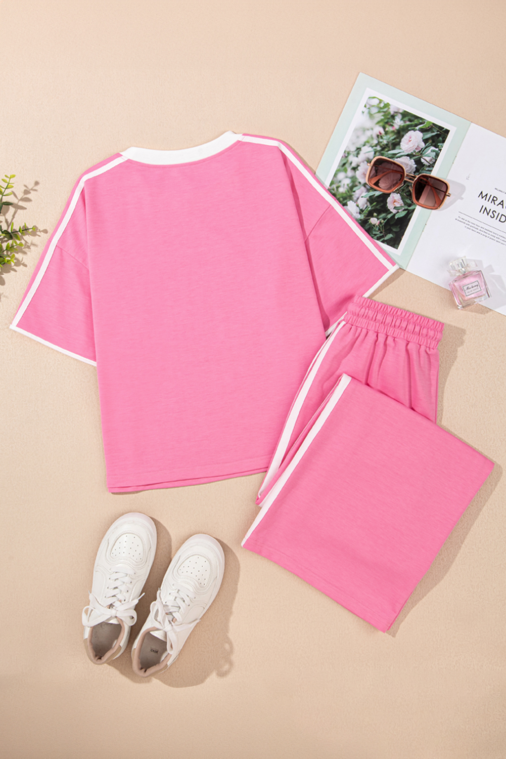 Sachet Pink Varsity Stripe Detail Casual Tee and Pants Leisure 2pcs Set