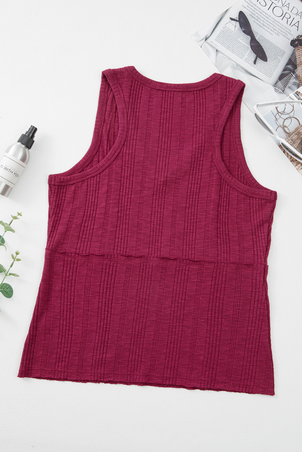 Red Dahlia Ribbed Textured Exposed Stitching Knit Tank Top