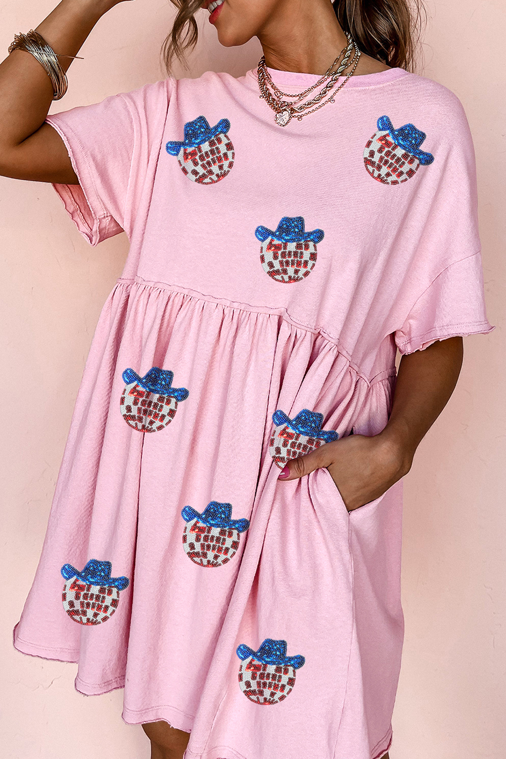 Light Pink American Flag Inspired Sequin Disco Ball Patched Shift Mini Dress