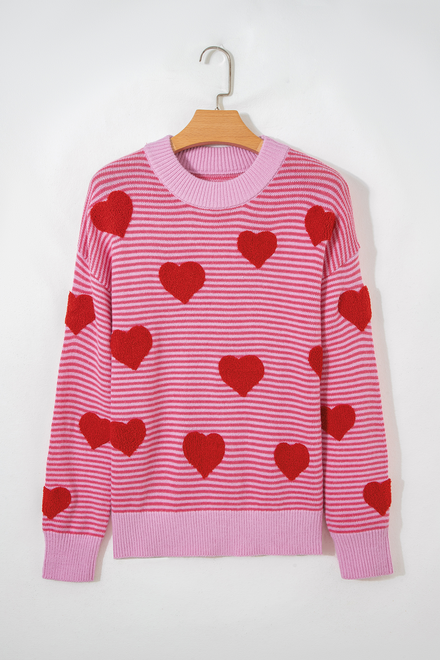 Gray Stripe Contrast Heart Pattern Valentine Knit Sweater