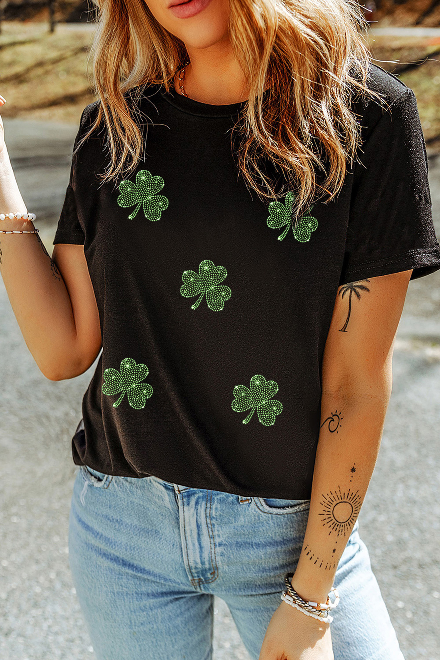 Black St Patricks Day Rhinestone Clover Round Neck Tee